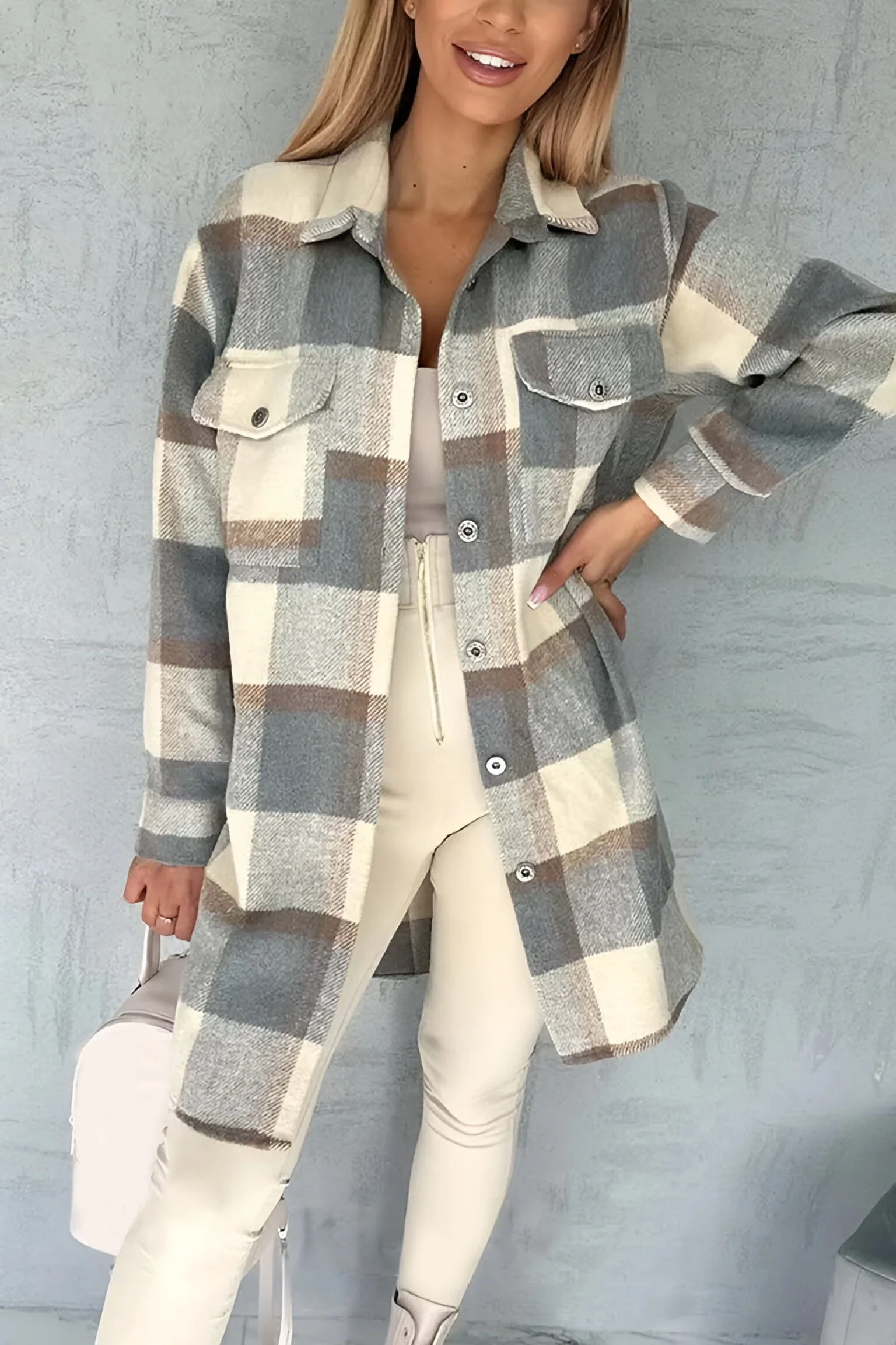 Women's casual loose plaid mid-length coat